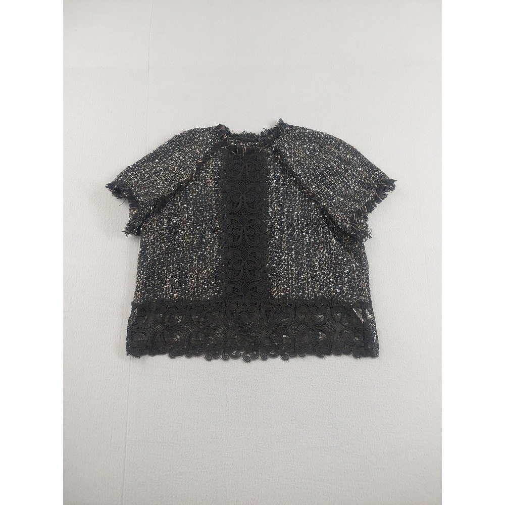 ZARA WOMAN Blouse Womens XL Black Tweed Short Sleeve Lace Hem Crochet Party Top